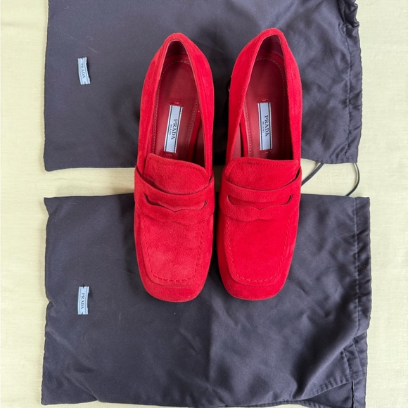 Prada Red Suede Jeweled Block Heel Loafers - Picture 5 of 9